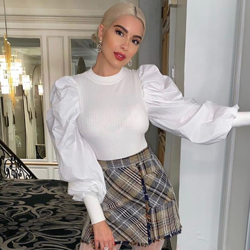 WannaThis Puff Sleeve Blouse Women Fashion 2020 New O-Neck Slim Long Sleeve Solid Sexy Casual Fashion Autumn Winter Streetwear