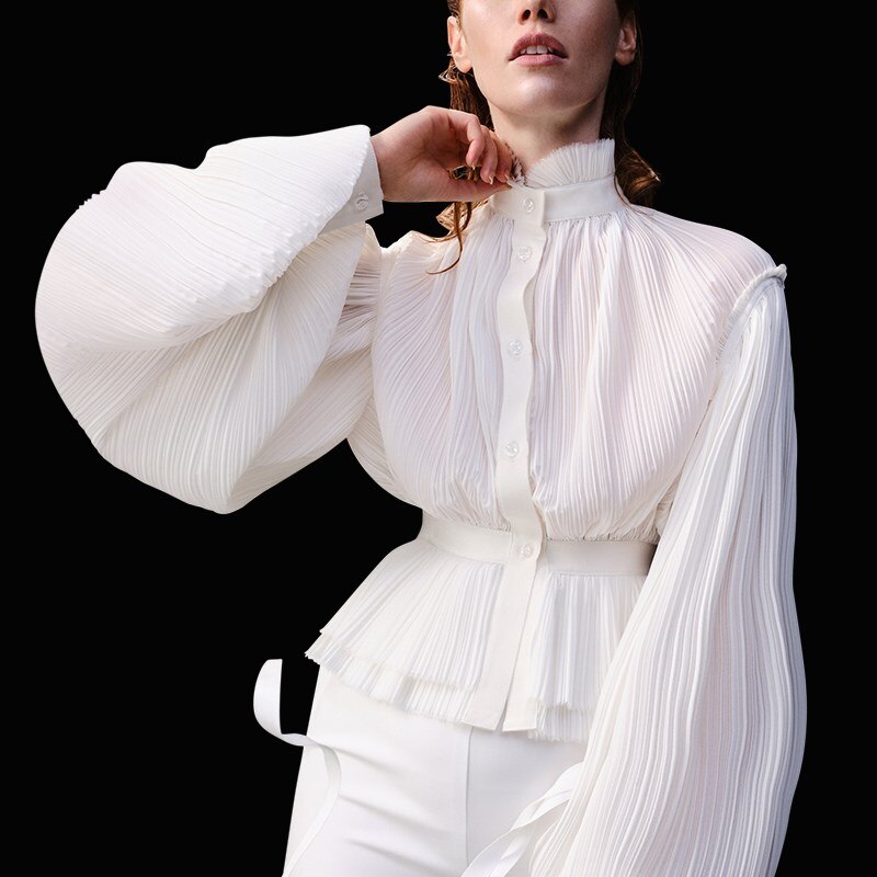 Women Chiffon Blouse Stand Collar Lantern Sleeve High Waist Tunic Pleated Shirt