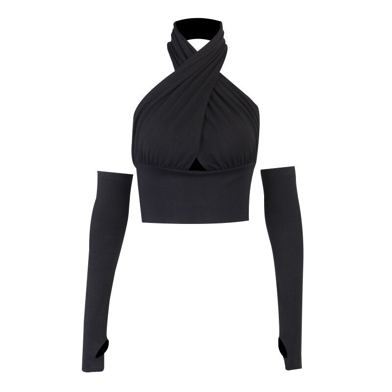WannaThis Crop Top Women Halter Camis Sexy Irregular Criss Cross With Sleeve Backless Solid Blue Women Hollow Out Slim Stretchy