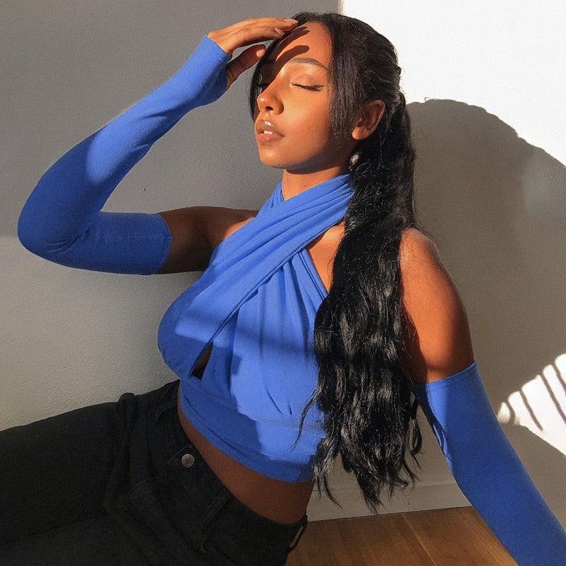 WannaThis Crop Top Women Halter Camis Sexy Irregular Criss Cross With Sleeve Backless Solid Blue Women Hollow Out Slim Stretchy
