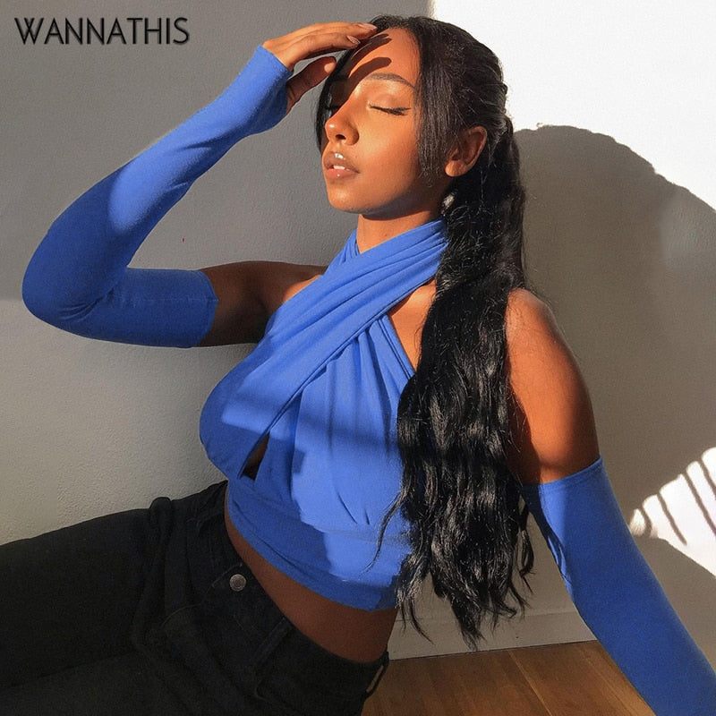 WannaThis Crop Top Women Halter Camis Sexy Irregular Criss Cross With Sleeve Backless Solid Blue Women Hollow Out Slim Stretchy