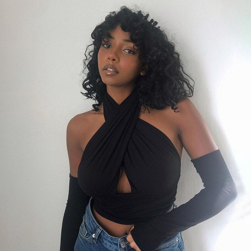 WannaThis Crop Top Women Halter Camis Sexy Irregular Criss Cross With Sleeve Backless Solid Blue Women Hollow Out Slim Stretchy