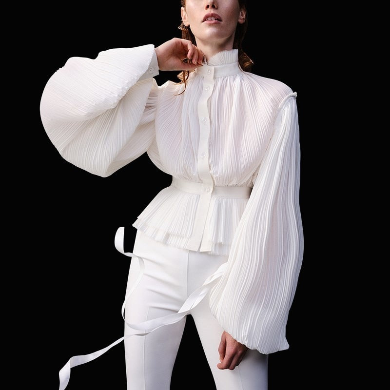 Women Chiffon Blouse Stand Collar Lantern Sleeve High Waist Tunic Pleated Shirt