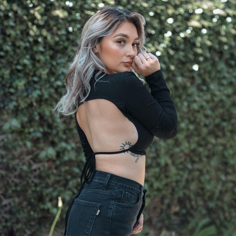 WannaThis Backless Tshirt Crop Tops Women Slim Elastic Fashion Lace up Hollow Out Women Cropped Top Summer Long Sleeve Shirts