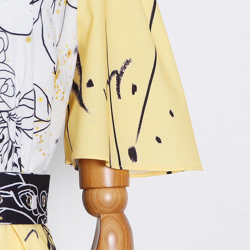 Women Floral Print Summer Dress Stand Collar High Waist Sashes Tunic Casual
