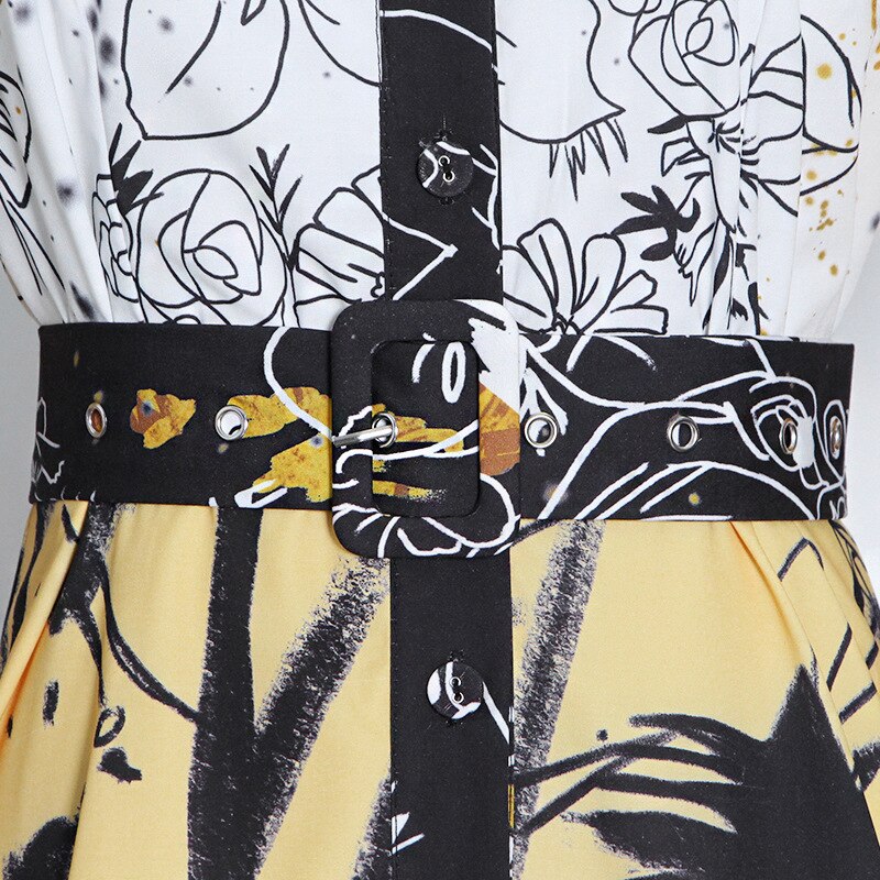 Women Floral Print Summer Dress Stand Collar High Waist Sashes Tunic Casual