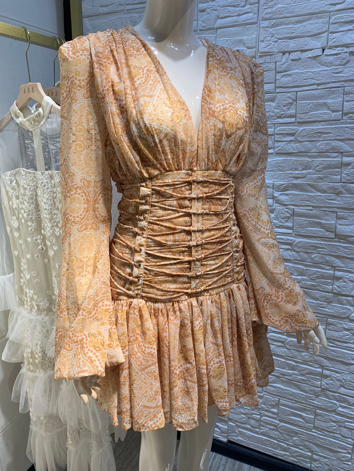 Women Lace Up Corset Dress Summer Floral Print Lantern Sleeve High Waist Tunic Chiffon Dress Top Quality 2021