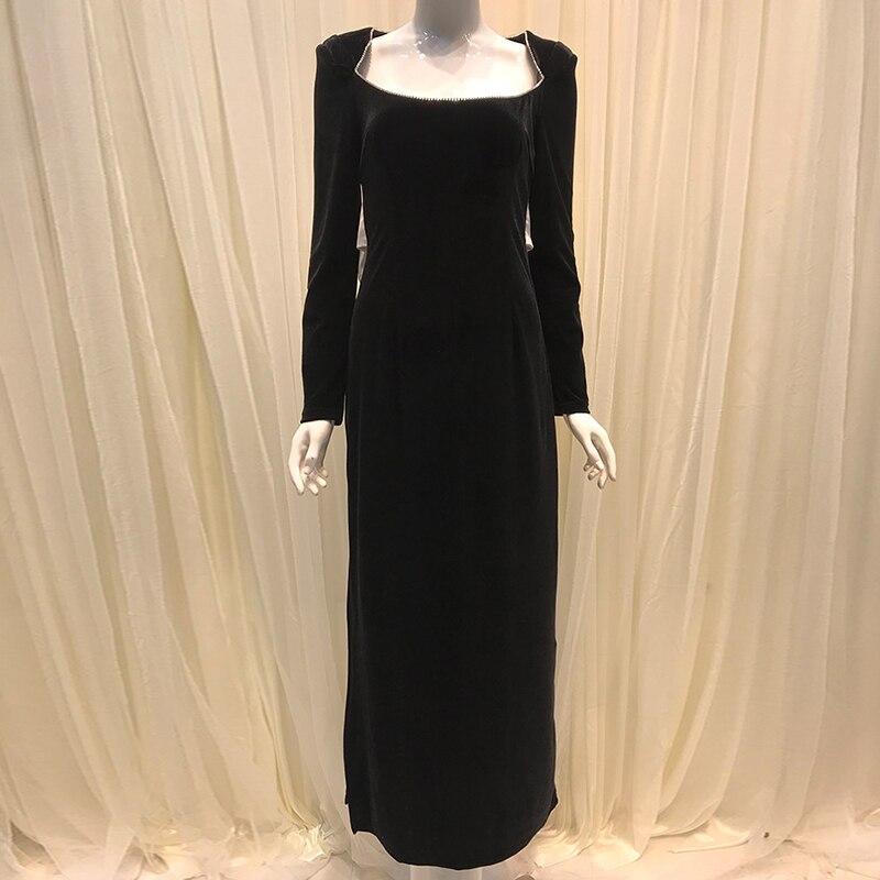 Women Velvet Formal Dress Maxi Spring Autumn Square Collar Bow Backless High Waist Dress