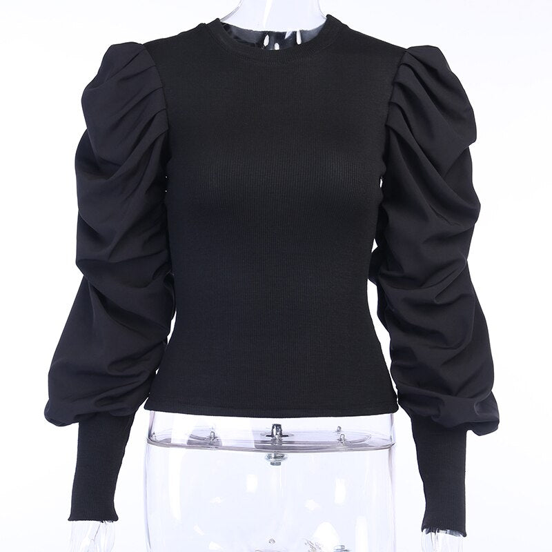 WannaThis Puff Sleeve Blouse Women Fashion 2020 New O-Neck Slim Long Sleeve Solid Sexy Casual Fashion Autumn Winter Streetwear