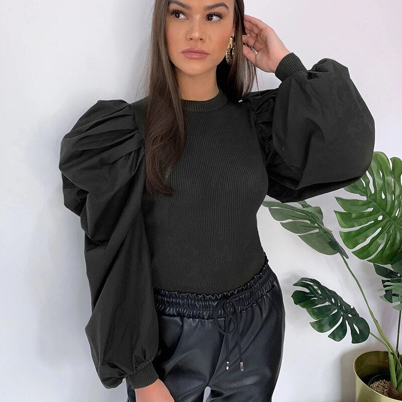 WannaThis Puff Sleeve Blouse Women Fashion 2020 New O-Neck Slim Long Sleeve Solid Sexy Casual Fashion Autumn Winter Streetwear