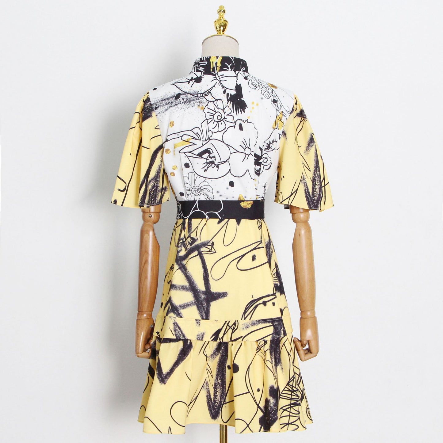 Women Floral Print Summer Dress Stand Collar High Waist Sashes Tunic Casual