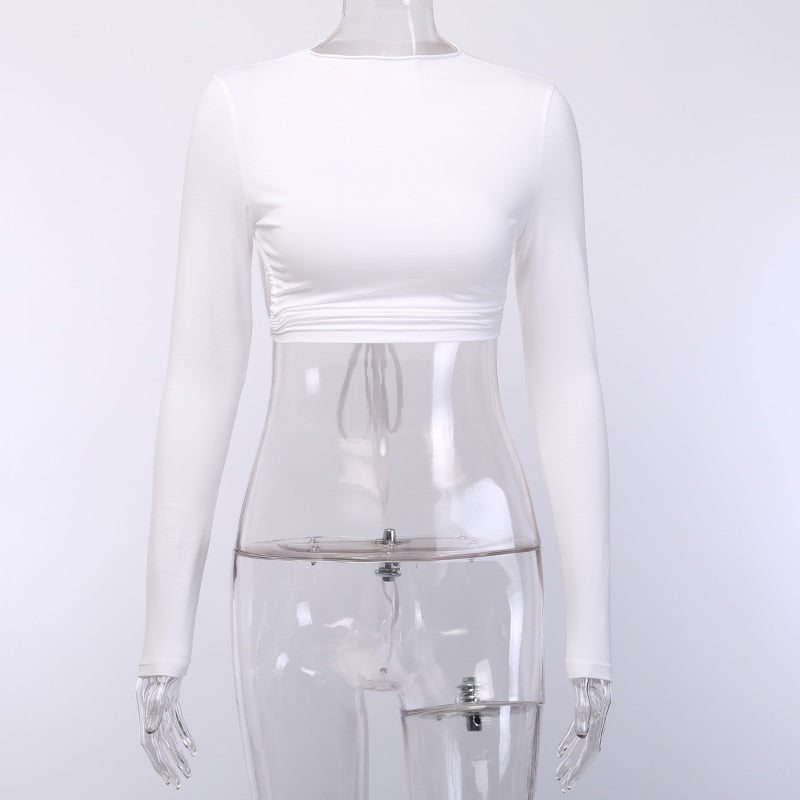 WannaThis Backless Tshirt Crop Tops Women Slim Elastic Fashion Lace up Hollow Out Women Cropped Top Summer Long Sleeve Shirts