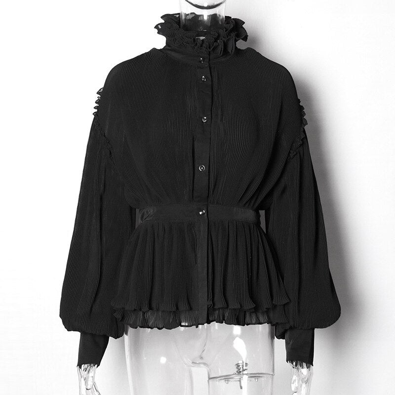 Women Chiffon Blouse Stand Collar Lantern Sleeve High Waist Tunic Pleated Shirt