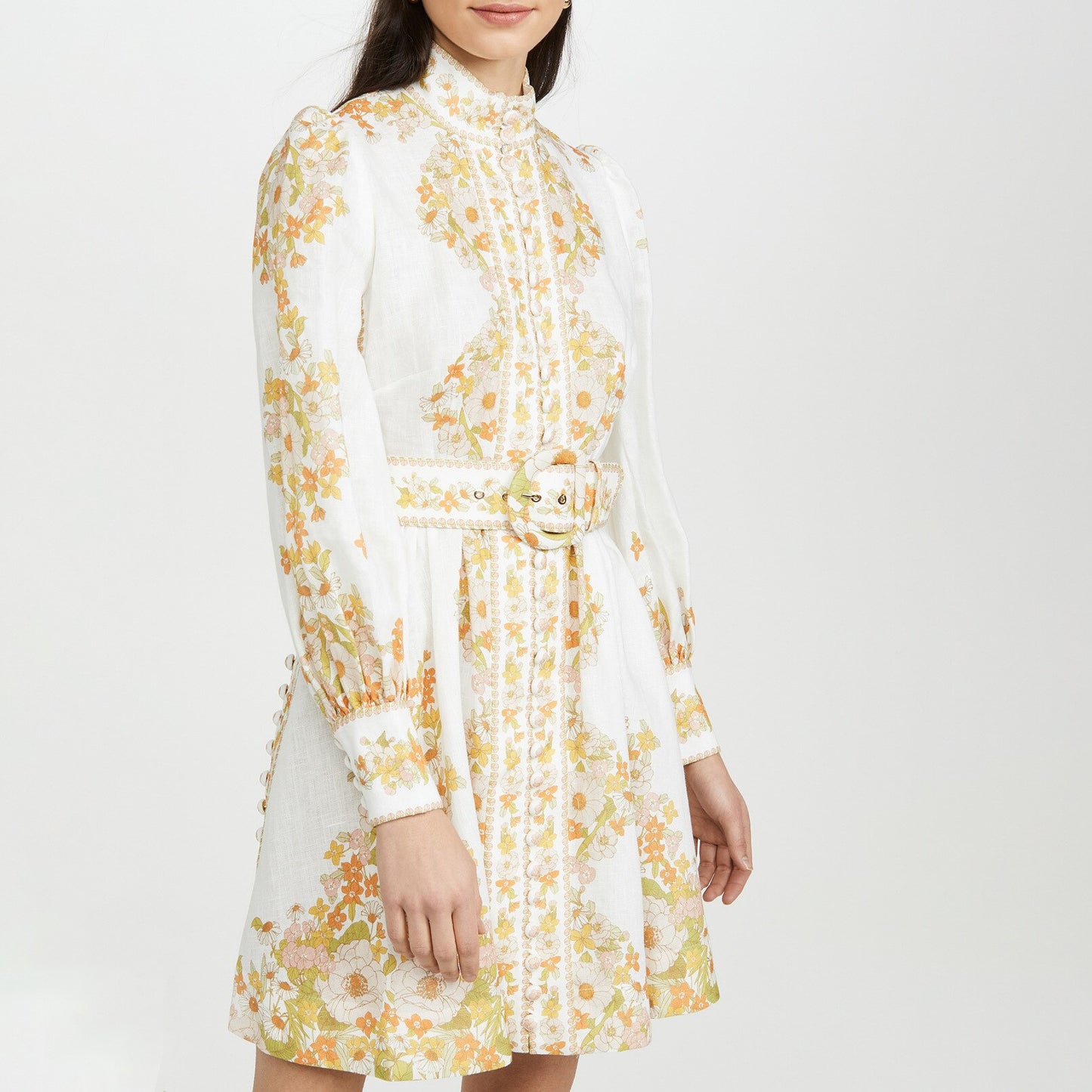 Women Vintage Dress Summer Floral Print Lined Blend Stand Collar Lantern Sleeve High Waist Sashes Mini Dress Original Quality