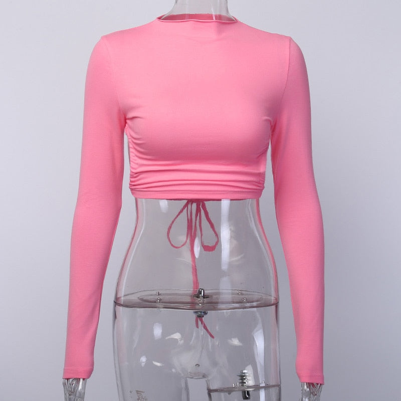 WannaThis Backless Tshirt Crop Tops Women Slim Elastic Fashion Lace up Hollow Out Women Cropped Top Summer Long Sleeve Shirts