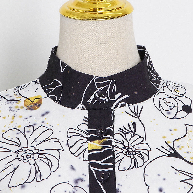 Women Floral Print Summer Dress Stand Collar High Waist Sashes Tunic Casual