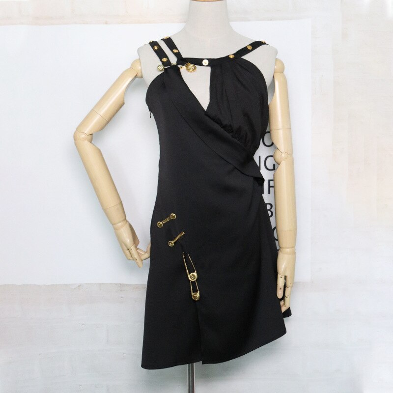 Women Night Club Party Dress Asymmetrical Pins Deco Spaghetti Strap Off Shoulder High Waist Sexy Mini Dress