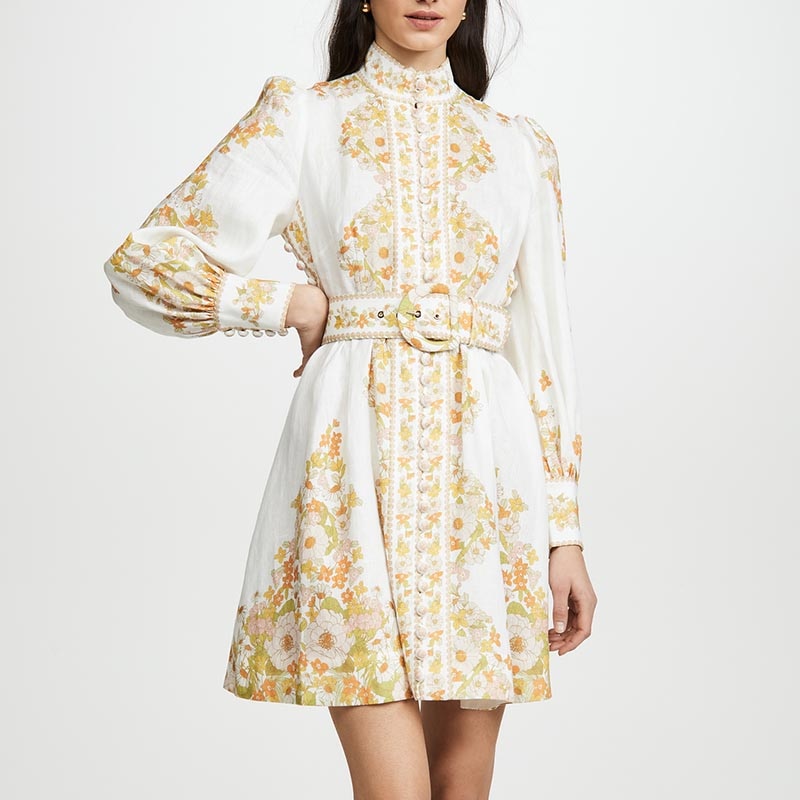 Women Vintage Dress Summer Floral Print Lined Blend Stand Collar Lantern Sleeve High Waist Sashes Mini Dress Original Quality