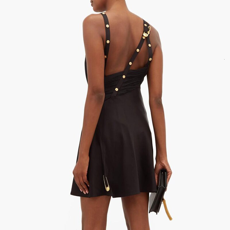 Women Night Club Party Dress Asymmetrical Pins Deco Spaghetti Strap Off Shoulder High Waist Sexy Mini Dress