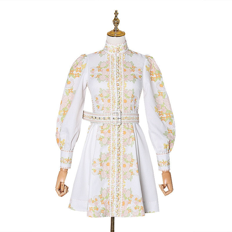 Women Vintage Dress Summer Floral Print Lined Blend Stand Collar Lantern Sleeve High Waist Sashes Mini Dress Original Quality