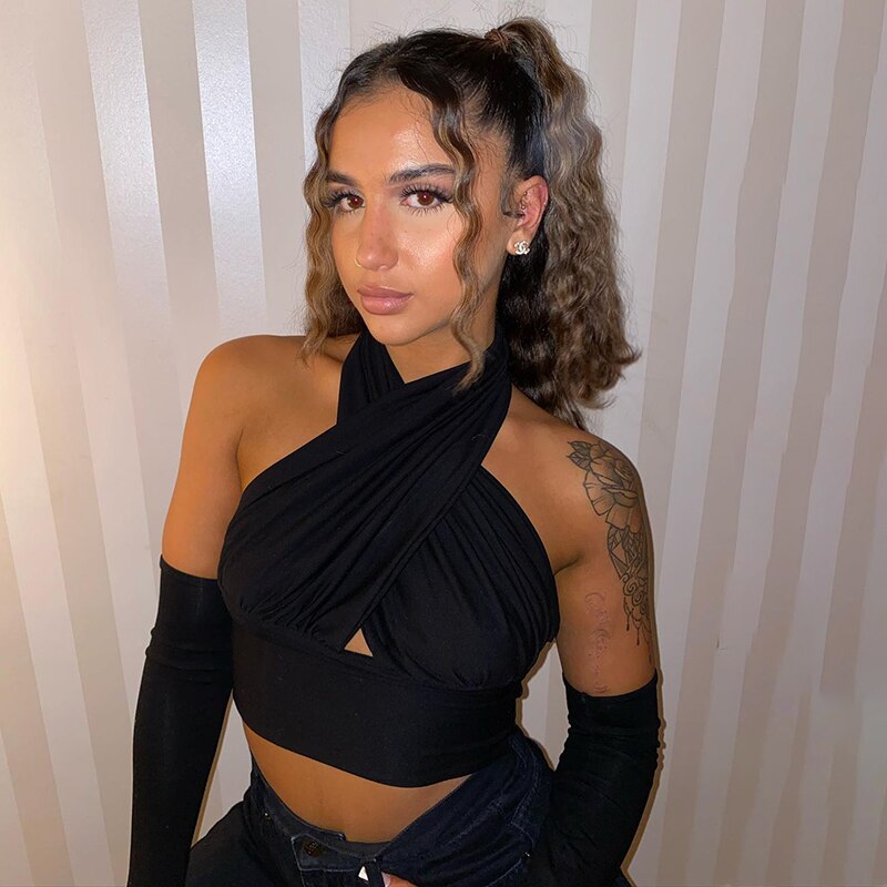 WannaThis Crop Top Women Halter Camis Sexy Irregular Criss Cross With Sleeve Backless Solid Blue Women Hollow Out Slim Stretchy