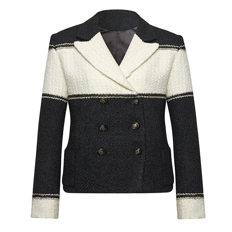 Women Wool Double Breated Blazer Autumn Winter Colorblock High Streeat Blazer Coat Excellent Quality