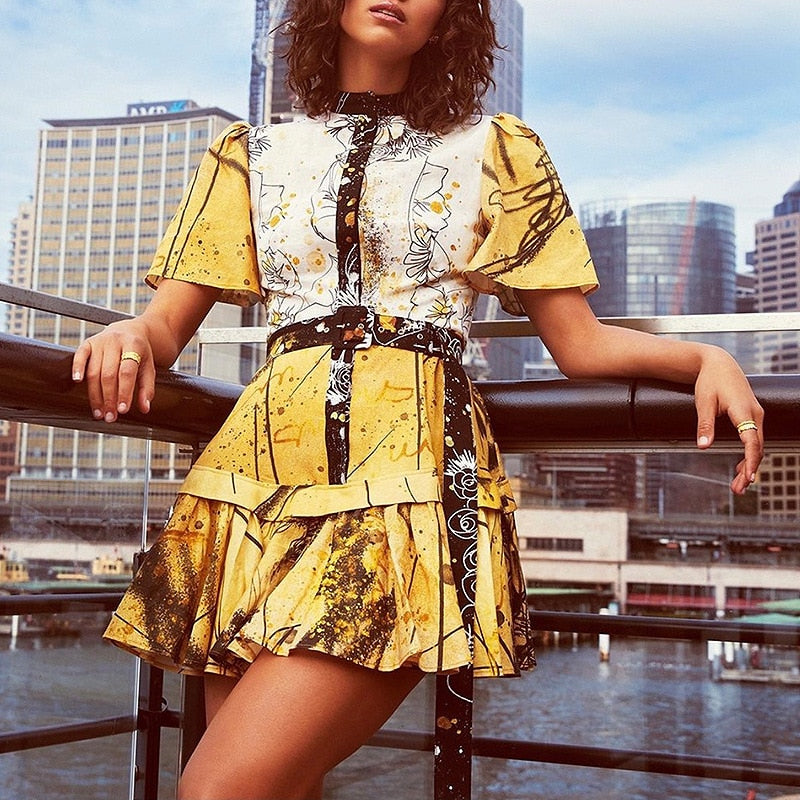Women Floral Print Summer Dress Stand Collar High Waist Sashes Tunic Casual