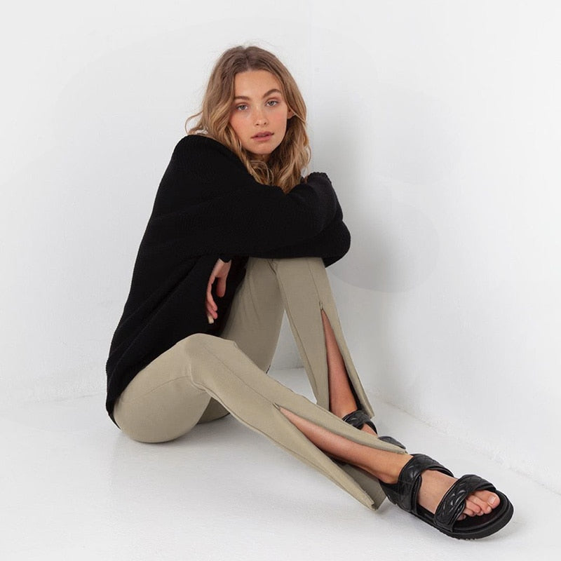 WannaThis Sexy Casual Pencil Pants Women Trousers Autumn Elegant High Waist Hem Zipper Split Slim Pants 2020 Fashion Streetwear