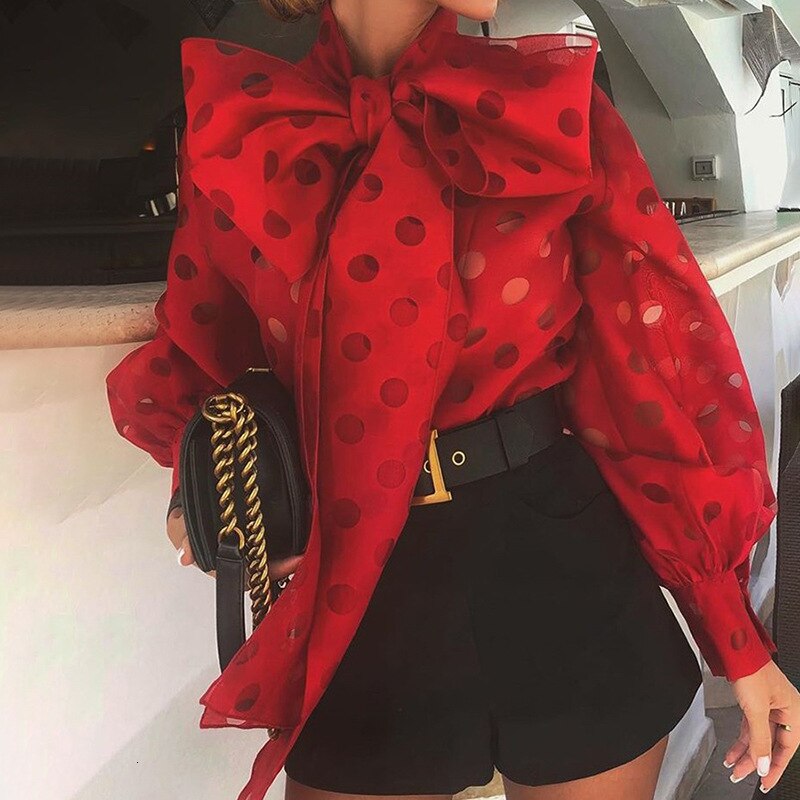 Women Polka Dot Blouse Semi Sheer Bow Collar Lantern Sleeve Shirt Tops Women