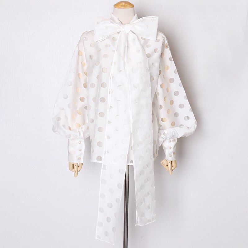 Women Polka Dot Blouse Semi Sheer Bow Collar Lantern Sleeve Shirt Tops Women