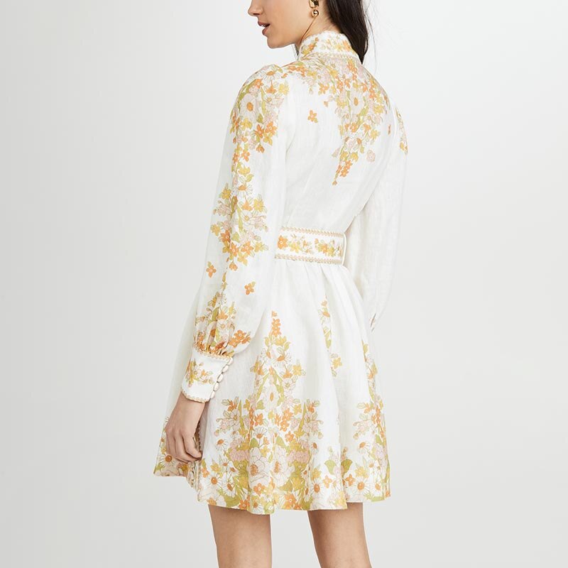 Women Vintage Dress Summer Floral Print Lined Blend Stand Collar Lantern Sleeve High Waist Sashes Mini Dress Original Quality