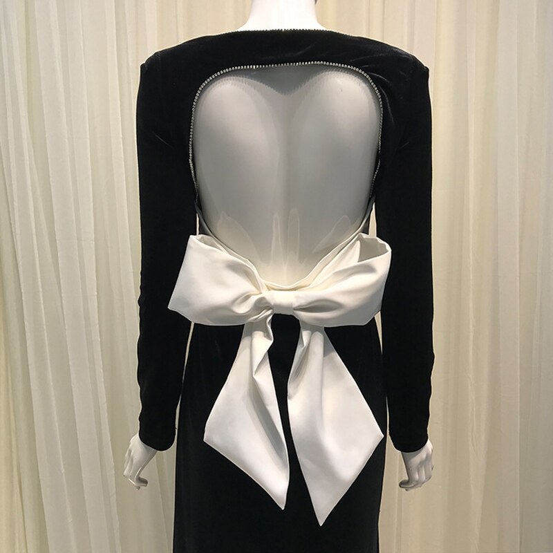 Women Velvet Formal Dress Maxi Spring Autumn Square Collar Bow Backless High Waist Dress