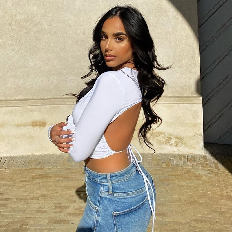 WannaThis Backless Tshirt Crop Tops Women Slim Elastic Fashion Lace up Hollow Out Women Cropped Top Summer Long Sleeve Shirts