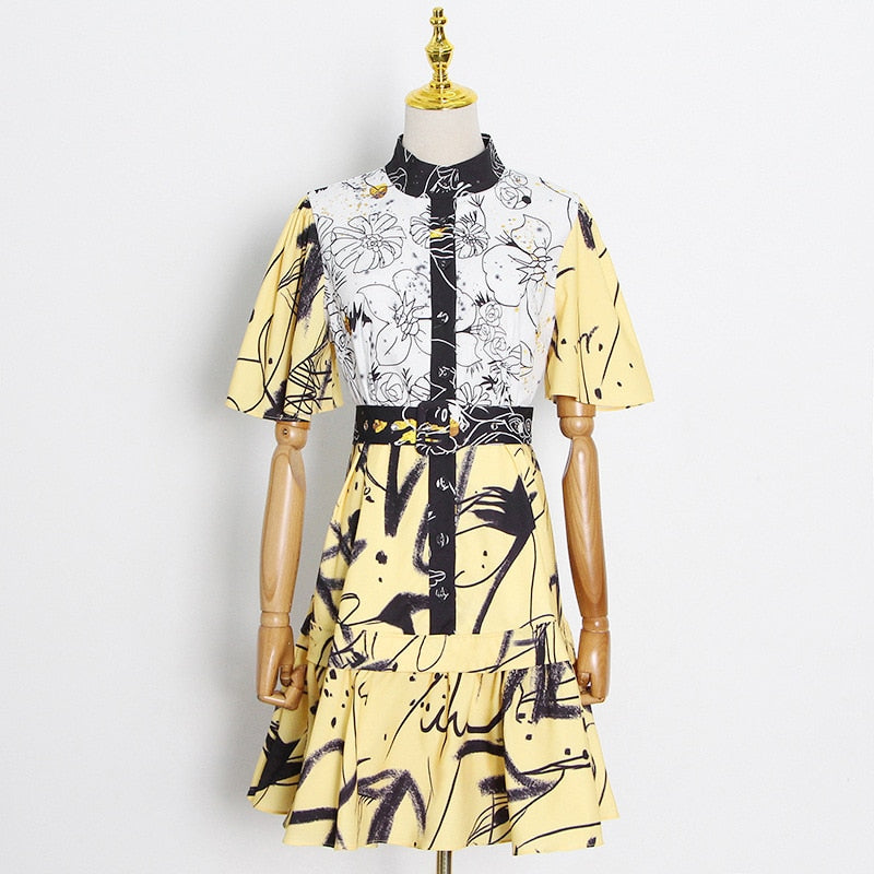 Women Floral Print Summer Dress Stand Collar High Waist Sashes Tunic Casual