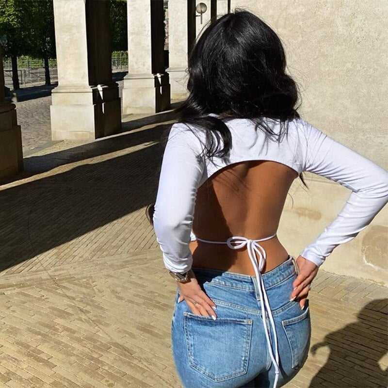 WannaThis Backless Tshirt Crop Tops Women Slim Elastic Fashion Lace up Hollow Out Women Cropped Top Summer Long Sleeve Shirts