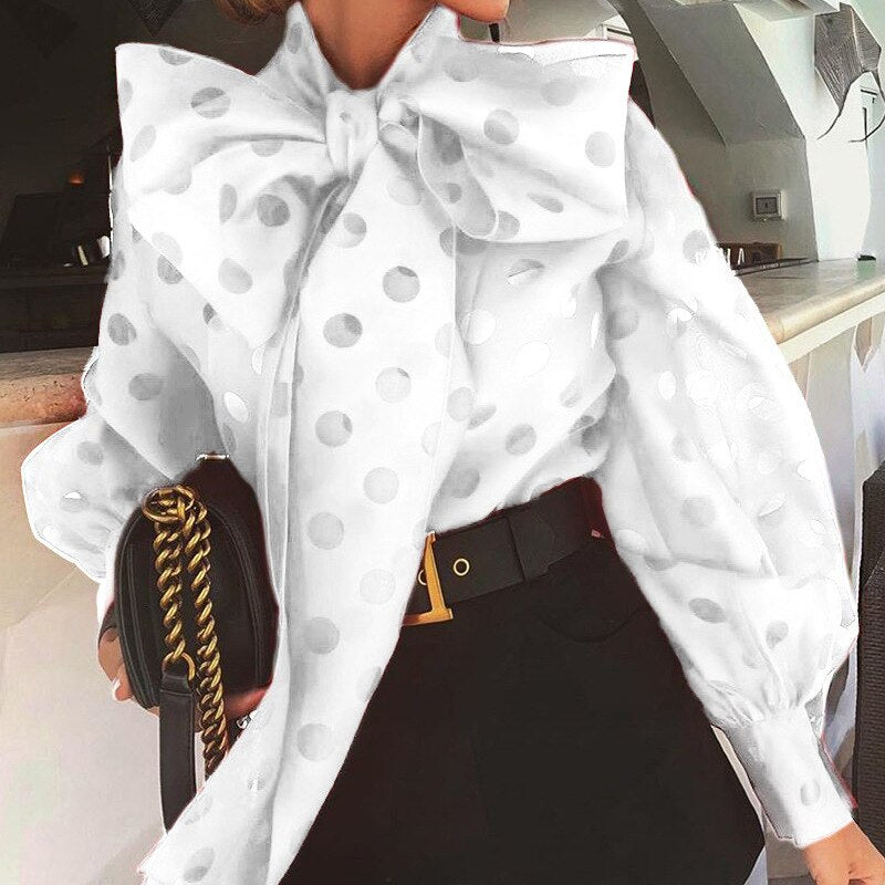 Women Polka Dot Blouse Semi Sheer Bow Collar Lantern Sleeve Shirt Tops Women