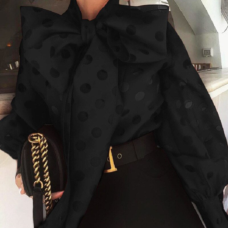 Women Polka Dot Blouse Semi Sheer Bow Collar Lantern Sleeve Shirt Tops Women