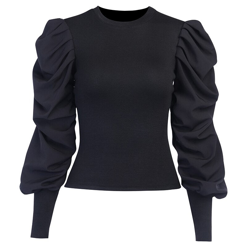 WannaThis Puff Sleeve Blouse Women Fashion 2020 New O-Neck Slim Long Sleeve Solid Sexy Casual Fashion Autumn Winter Streetwear