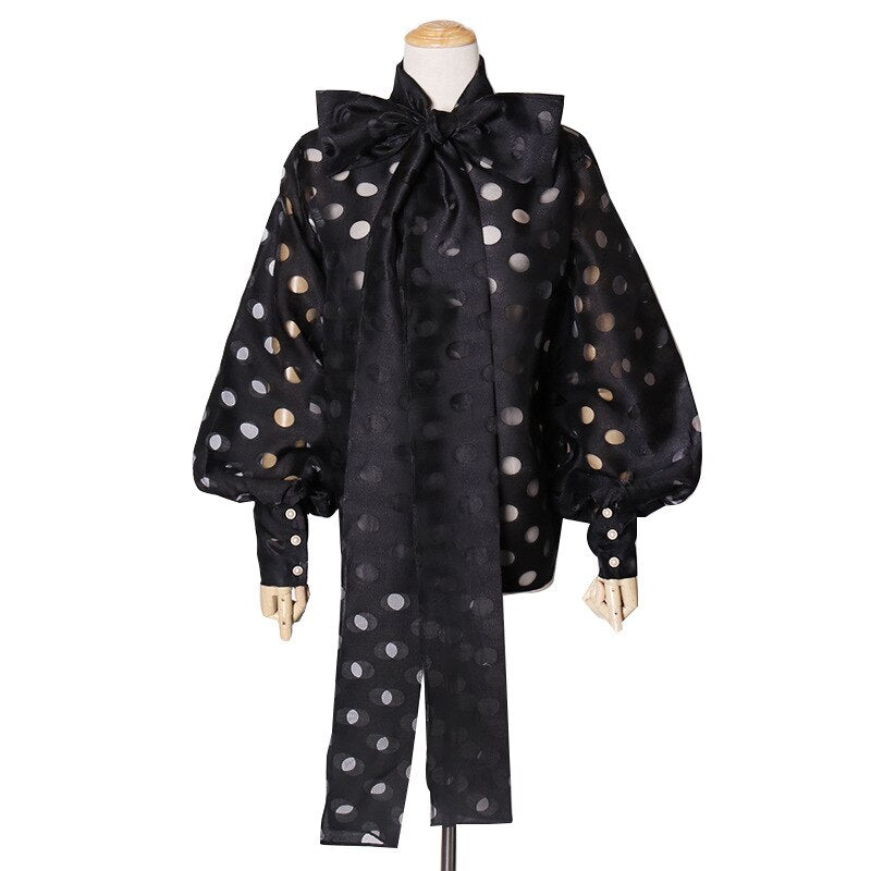 Women Polka Dot Blouse Semi Sheer Bow Collar Lantern Sleeve Shirt Tops Women