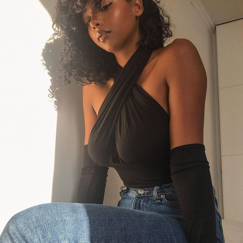 WannaThis Crop Top Women Halter Camis Sexy Irregular Criss Cross With Sleeve Backless Solid Blue Women Hollow Out Slim Stretchy