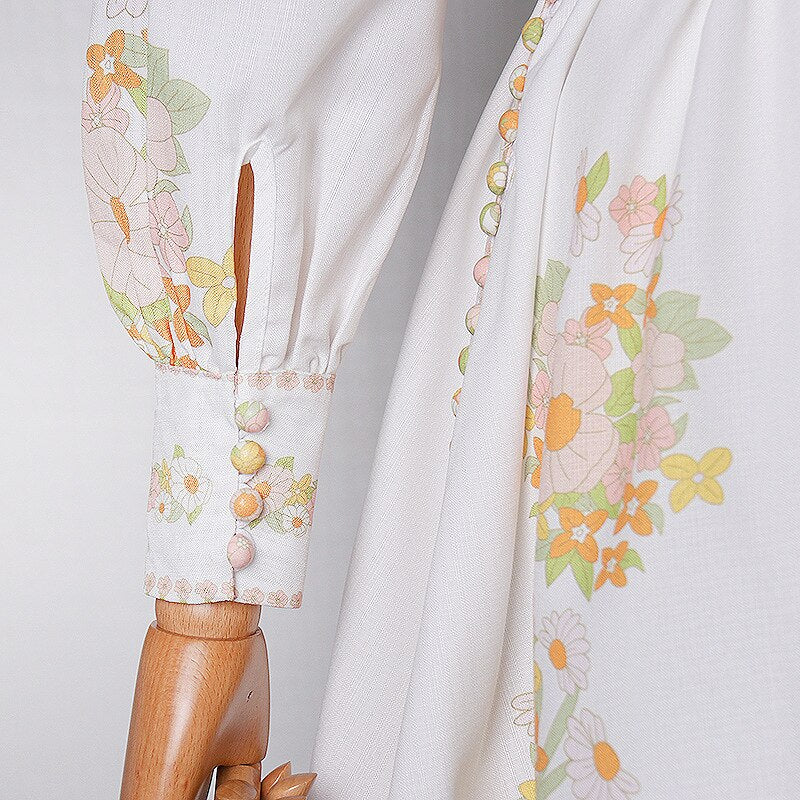 Women Vintage Dress Summer Floral Print Lined Blend Stand Collar Lantern Sleeve High Waist Sashes Mini Dress Original Quality