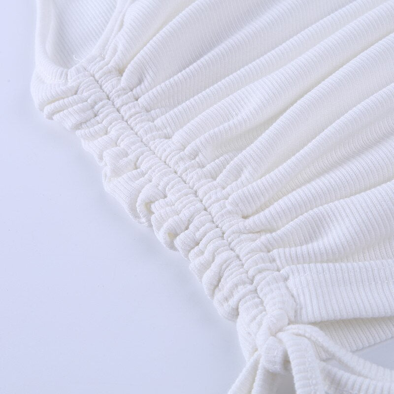 WannaThis One Shoulder Side Drawstring Tank Top Backless Irregular White Slim Crop Top Women Knitted Bandage Summer Vest Ruched