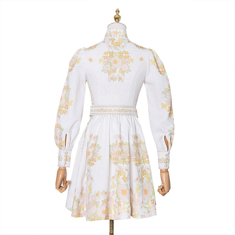 Women Vintage Dress Summer Floral Print Lined Blend Stand Collar Lantern Sleeve High Waist Sashes Mini Dress Original Quality