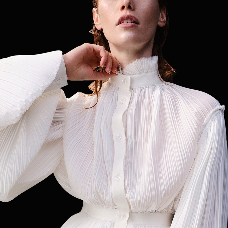 Women Chiffon Blouse Stand Collar Lantern Sleeve High Waist Tunic Pleated Shirt
