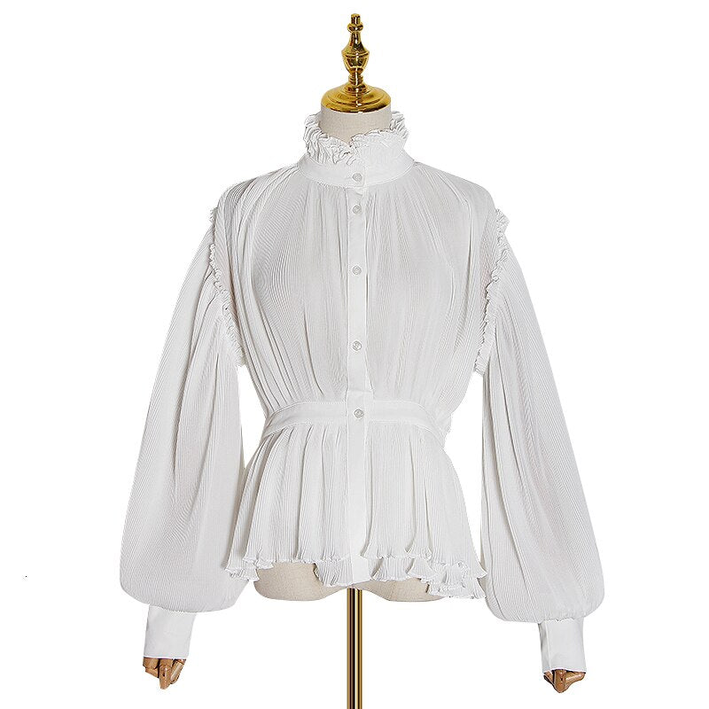 Women Chiffon Blouse Stand Collar Lantern Sleeve High Waist Tunic Pleated Shirt