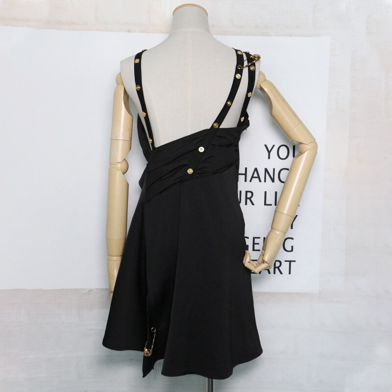 Women Night Club Party Dress Asymmetrical Pins Deco Spaghetti Strap Off Shoulder High Waist Sexy Mini Dress