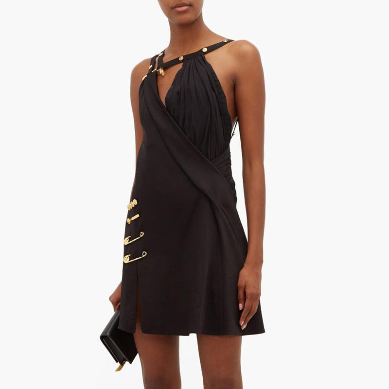Women Night Club Party Dress Asymmetrical Pins Deco Spaghetti Strap Off Shoulder High Waist Sexy Mini Dress
