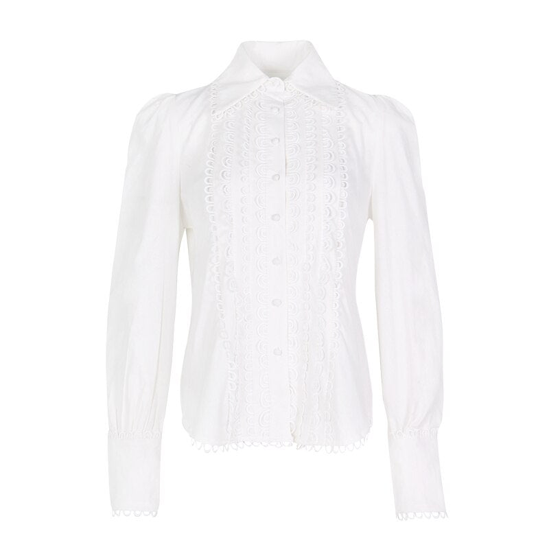 Women White Blouse Lace Trim Hollow Out Shirt Blusas High Street