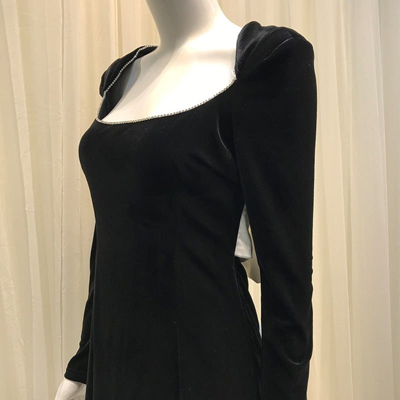 Women Velvet Formal Dress Maxi Spring Autumn Square Collar Bow Backless High Waist Dress