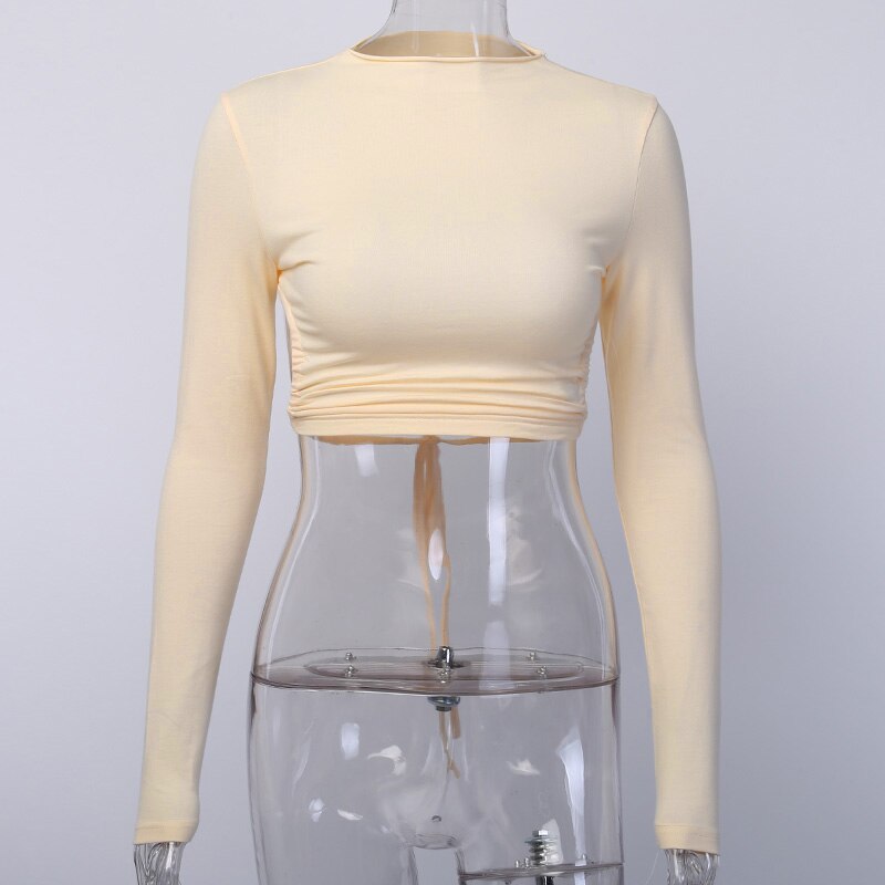 WannaThis Backless Tshirt Crop Tops Women Slim Elastic Fashion Lace up Hollow Out Women Cropped Top Summer Long Sleeve Shirts